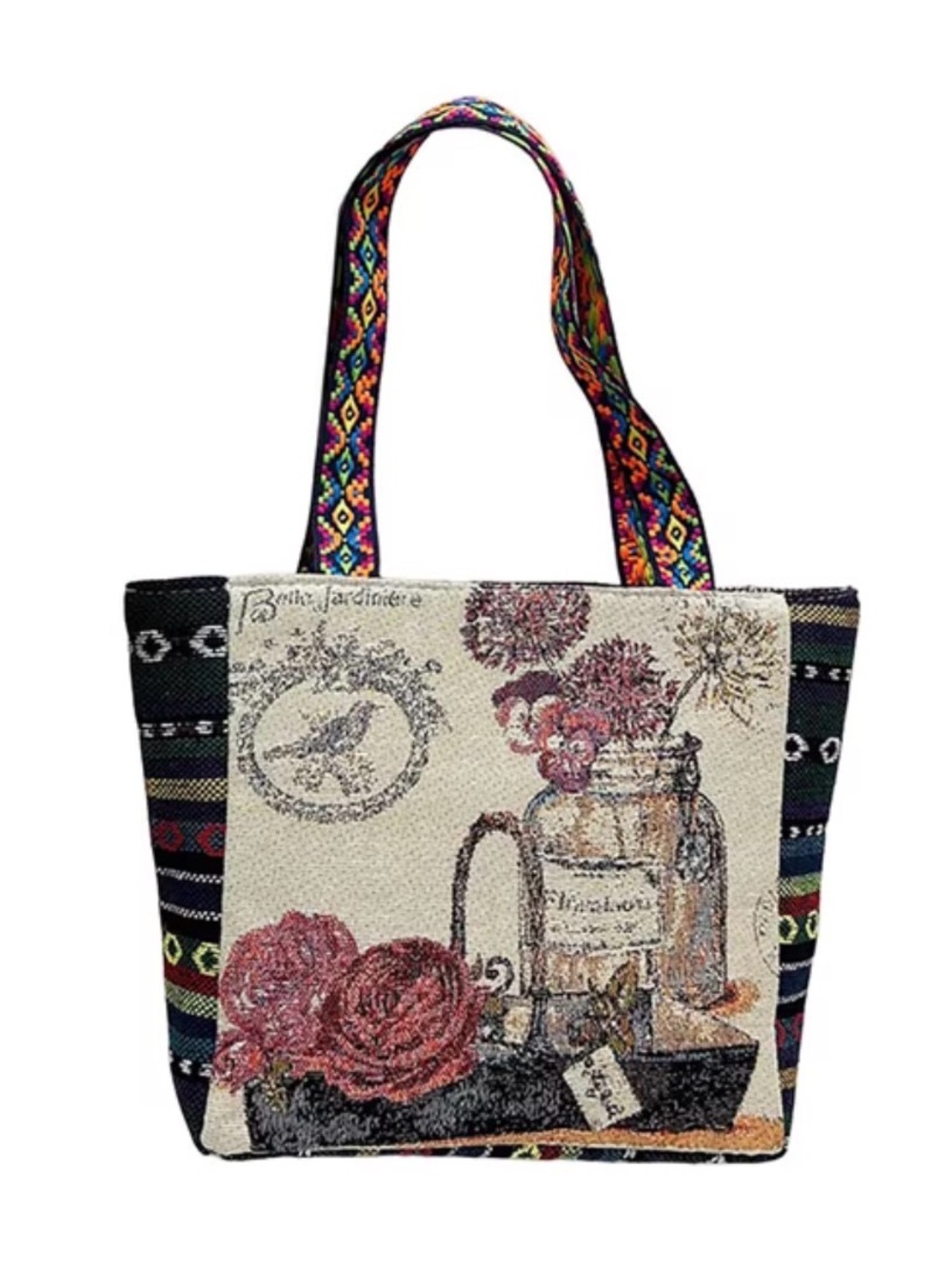 Floral Tapestry Tote Bag with Patterned Straps